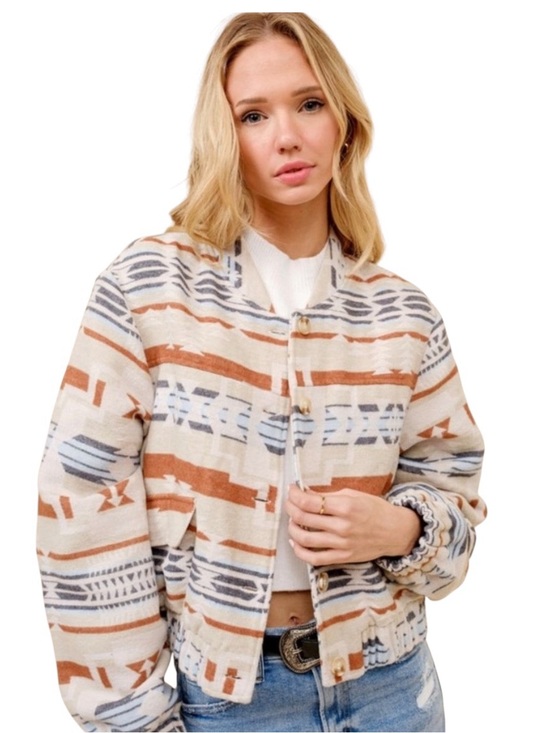blue b Jackets & Blazers - NEW blue b Cream Caramel Brown Gray Blue Aztec Tribal Print Button Down Jacket